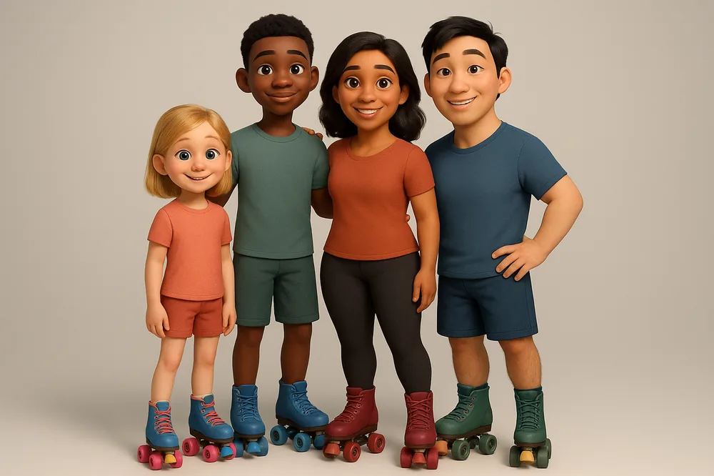 Ilustração de um grupo de alunos de patins do Manifesto, calçando patins
