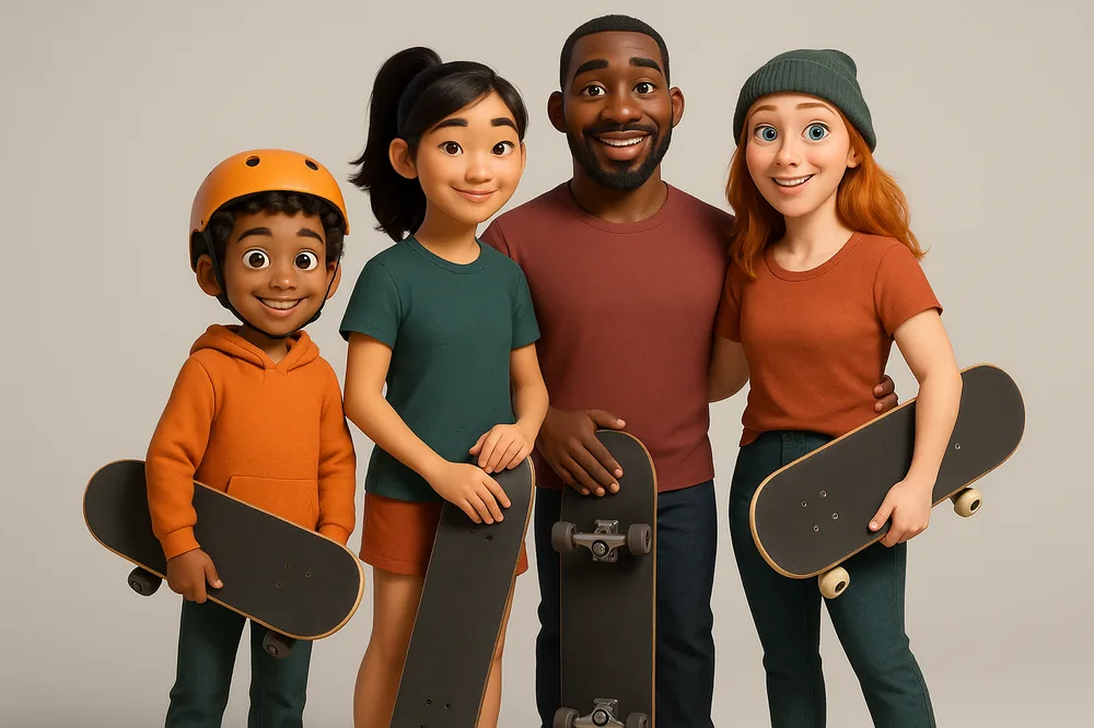 Ilustração da turma de skate do Manifesto — grupo de alunos de diferentes idades, com skates, representando o ambiente familiar do parque